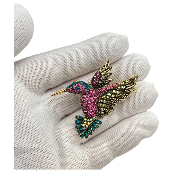 Colorful Hummingbird Brooch Pin, Rhinestone Crystals, Pendant Hook, Gift Bag - Picture 2 of 3